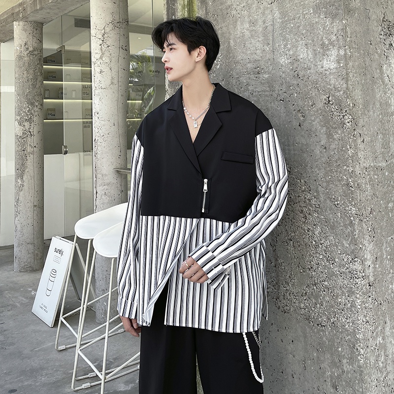 Áo Sơ Mi Tay Dài Khóa Kéo Họa Tiết Kẻ Sọc Nhiều Màu Sắc Phong Cách Hàn Quốc Thời Trang Cho Nam