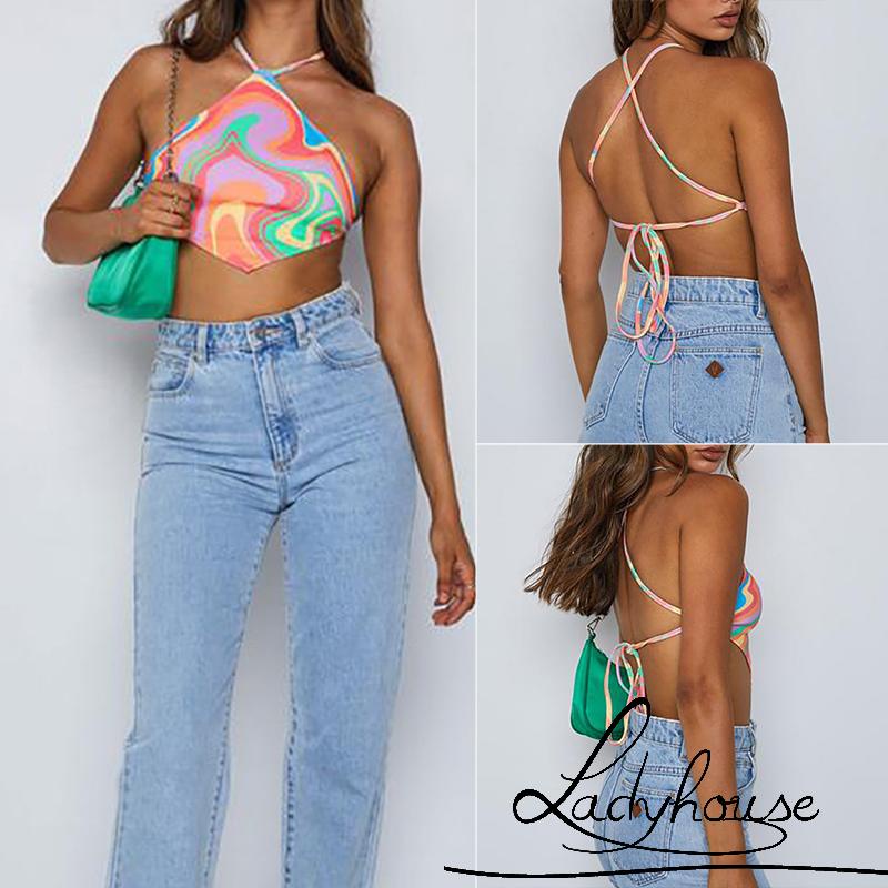 Áo Hai Dây Mùa Hè Viền In Họa Tiết Trừu Tượng Không Đối Xứng Cho Nữ