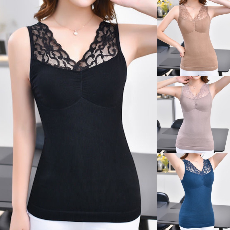 Áo Lót Định Hình Cơ Thể Cổ Chữ V Phối Ren Có Đệm Ngực Giữ Nhiệt Mùa Đông Cho Nữ < JF >