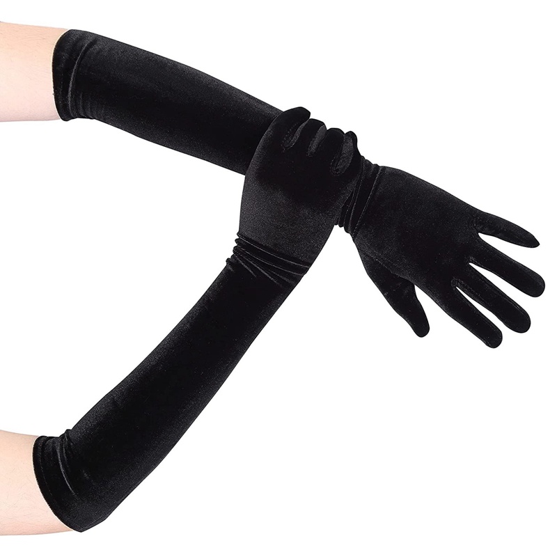 Ygt Găng Tay Nhung Dài 53CM Màu Đen Ấm Áp Co Giãn Phong Cách Retro Mùa Thu Đông Cho Nữ