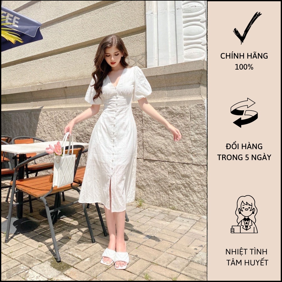 Đầm Cổ V Phối Nút Tay Phồng Thanh Lịch - D0641