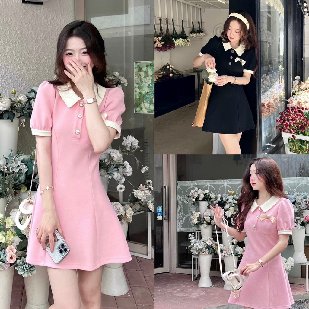 Đầm váy nữ xòe nhẹ nhàng bánh bèo họa tiết cổ sơ mi đính nút 2 màu trẻ trung cá tính cực xinh
