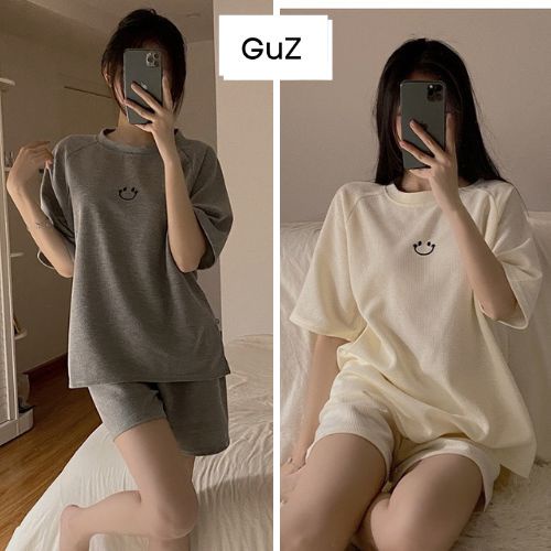 Set nữ năng động chữ thêu SMILE form rộng tay lỡ chất tổ ong thời trang mùa hè GUZ