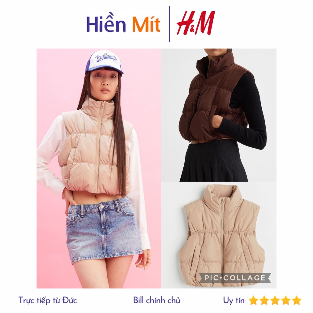 H&M Đức - Áo ghile phao chần bông dáng ngắn cổ cao bo chun viền dưới hai túi màu nâu be sale auth new cao cấp 1083326003