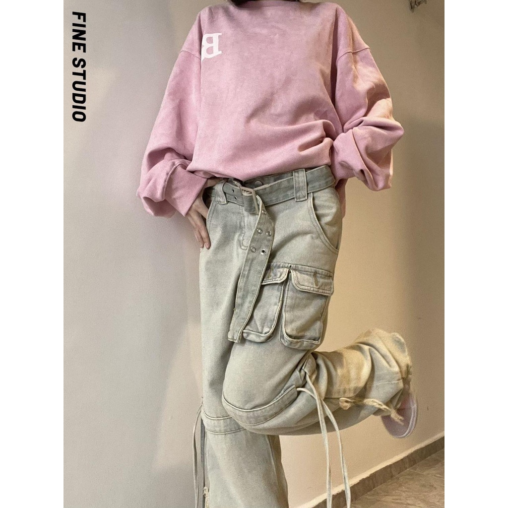 Fine STUDIO Niche Quần Yếm Jean Ống Rộng Dáng Suông Phong Cách Đường Phố Mỹ Thường Ngày Cho Nữ