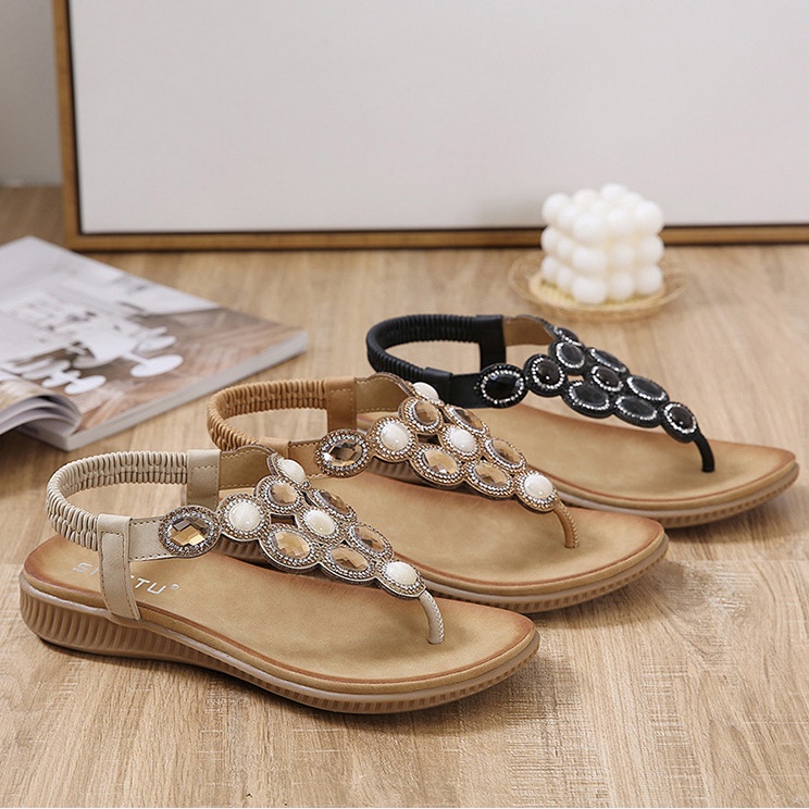 Giày Sandal Đế Mềm Mũi Tròn Đính Đá Phong Cách Bohemian Dành Cho Nữ Size 41 42
