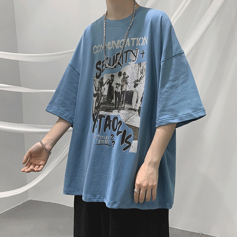 Áo Thun Tay Ngắn Dáng Rộng Bằng cotton In Họa Tiết graffiti Đường Phố Hong Kong Thời Trang Mùa Hè Hàng Mới