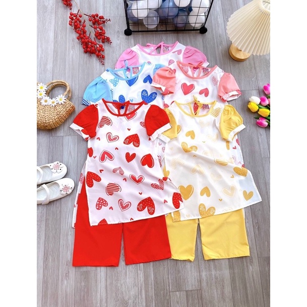 áo dài cách tân bé gái , size lớn 12-16kg , họa tiết bi nơ , trái tim cute , shop giao màu ngẫu nhiên