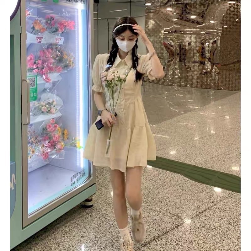 Váy Xoè Hai Lớp Dáng Lửng Basic Cổ Sơ Mi Tay Bồng Nhẹ Nhàng Thanh Lịch Tôn Dáng Cho Nữ Phong Cách Hàn Quốc