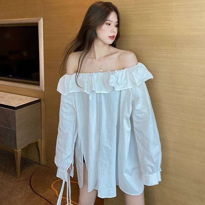 * * O s mi n tr ng d i tay * 2021 Áo Sơ mi Dài Ngang Vai Mỏng Dáng Rộng Xẻ Tà Phong Cách Mùa Thu Mới Cho Nữ