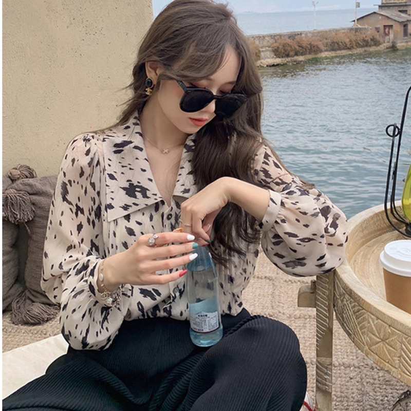 Áo Sơ Mi Nữ Dài Tay In Họa Tiết Da Báo Thời Trang Hàn