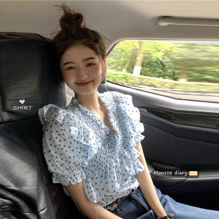 Áo sơ mi tay ngắn phồng cổ chữ V thiết kế ngọt ngào thời trang mới theo phong cách Pháp cho nữ