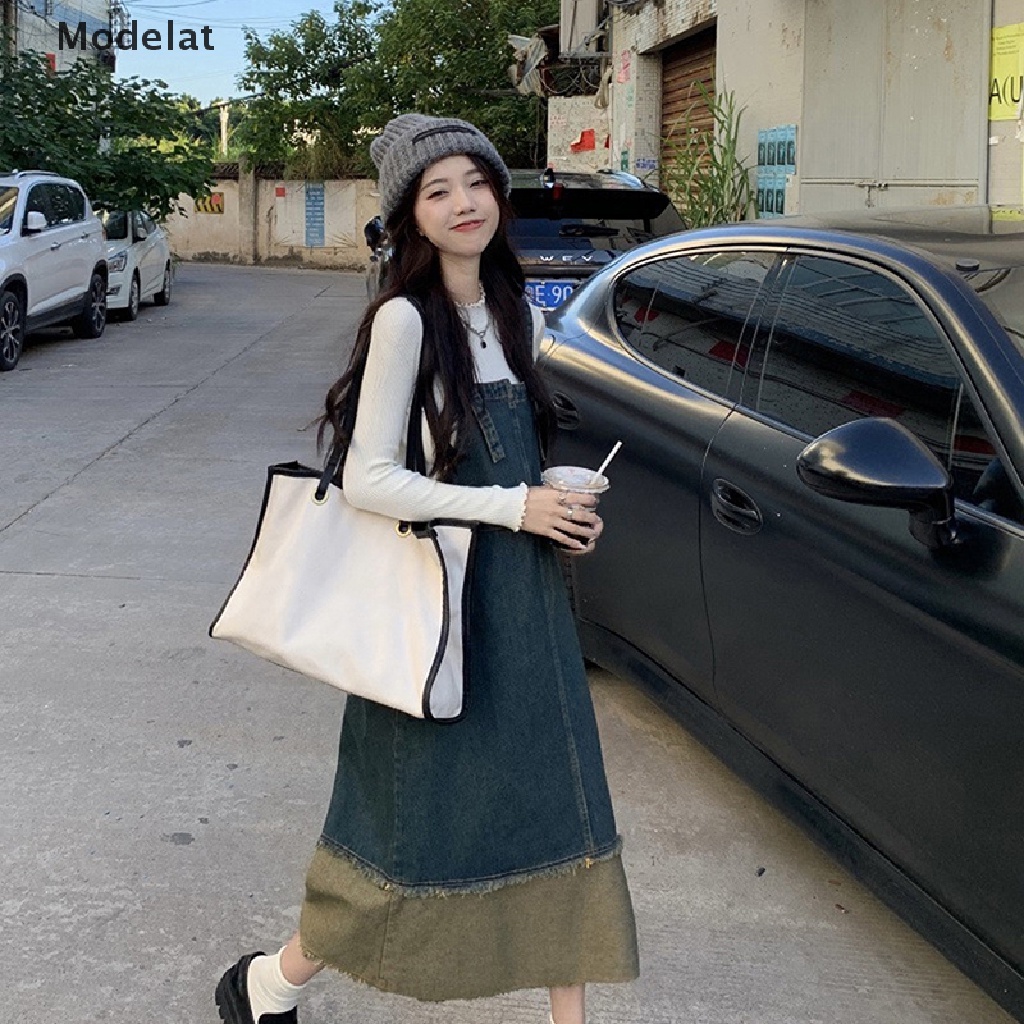 Mfc Đầm Yếm Denim Dáng Rộng Dài Vừa Phối Màu Tương Phản Cổ Điển Thời Trang Xuân Hè Dành Cho Bạn Nữ