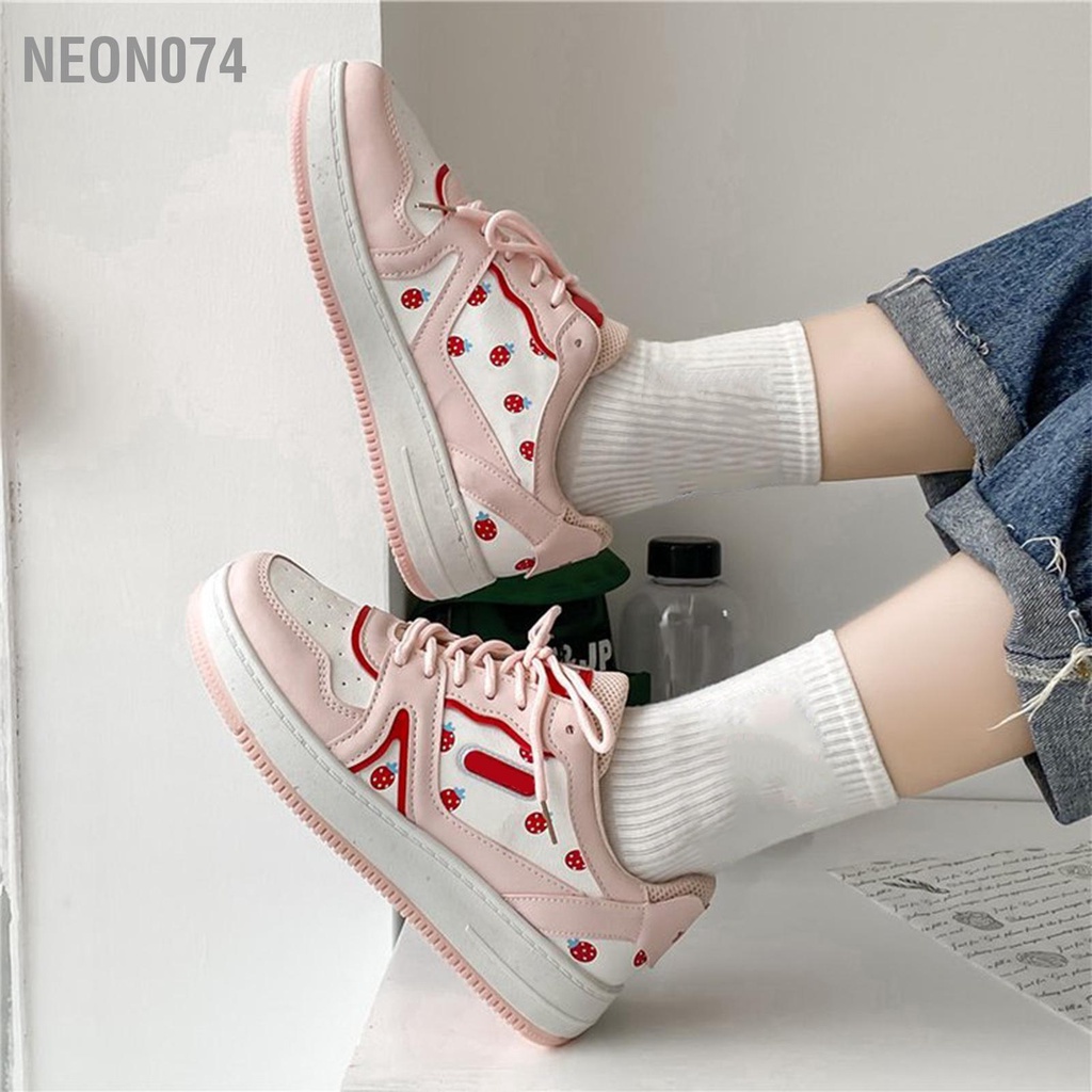 Giày nữ ulzzang đế độn Họa tiết dâu tây đế mềm màu mới Hot Trend 2023 - Giày thể thao nữ Da PU cao cấp - Neon074