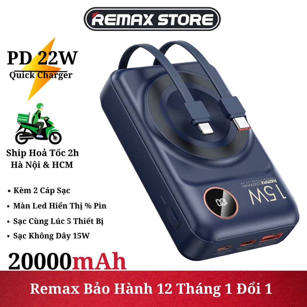 Pin dự phòng sạc nhanh wireless Remax RPP-519 20000mAh tích hợp 2 dây sạc - hỗ trợ QC 22.5W /không dây 15W /PD 20W