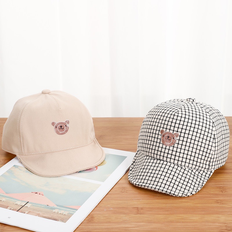 Mũ Lưỡi Trai Kẻ Sọc Caro Màu Trơn Họa Tiết Chú Gấu Dễ Thương Cho Bé Trai / Gái