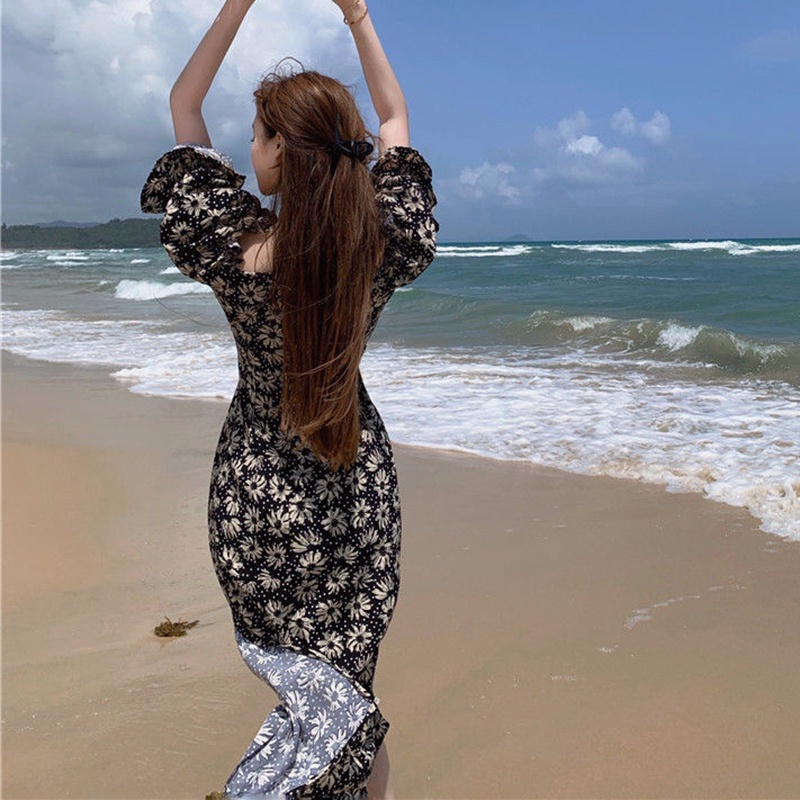 IELGY  Đầm Dài Tay Ôm Eo In Họa Tiết Hoa Chuông Phong Cách Pháp Thời Trang Cho Nữ