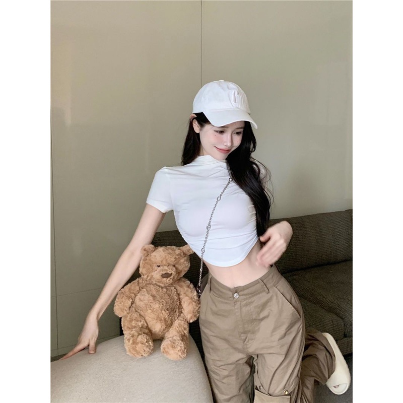 COZOK Áo Thun Tay Ngắn Cổ Cao Màu Sắc Đơn Giản Dành Cho Nữ