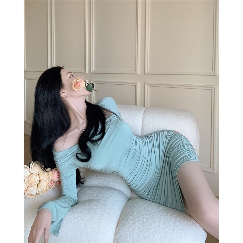 COZOK Đầm Tay Dài Trễ Vai Thiết Kế Ôm Sát Tôn Dáng Quyến Rũ Thời Trang