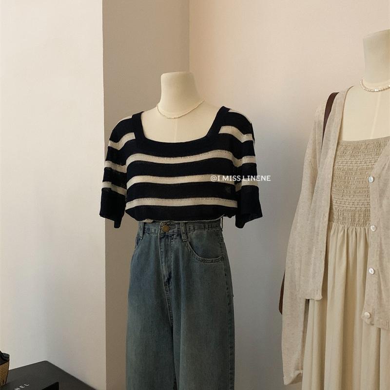 Áo Thun Tay Ngắn Cổ Vuông Họa Tiết Kẻ Sọc Thời Trang Mùa Hè 2022 Phong Cách Hong Kong Hàng Mới Dành Cho Bạn Nữ