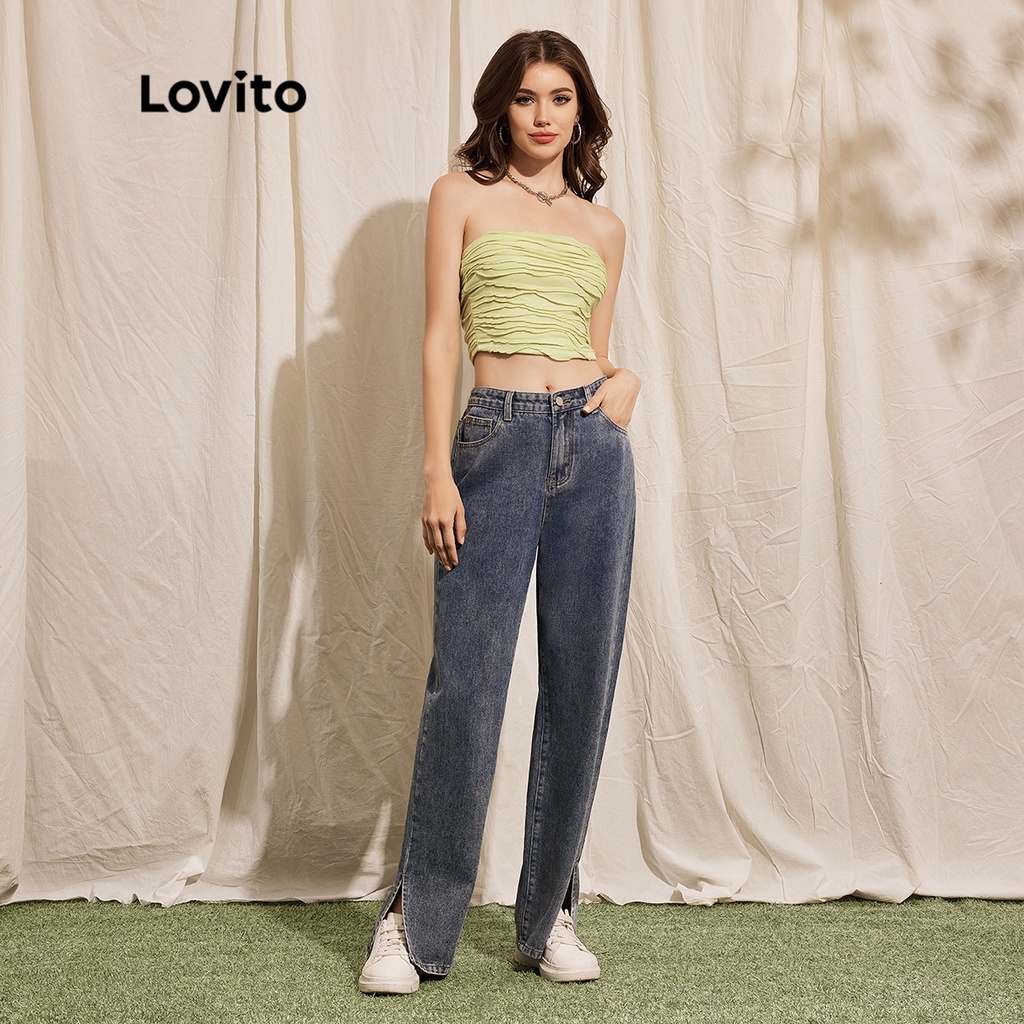 Áo ống Lovito không dây xếp nếp màu trơn phong cách thường ngày dành cho nữ L41ED003 (xanh lá)