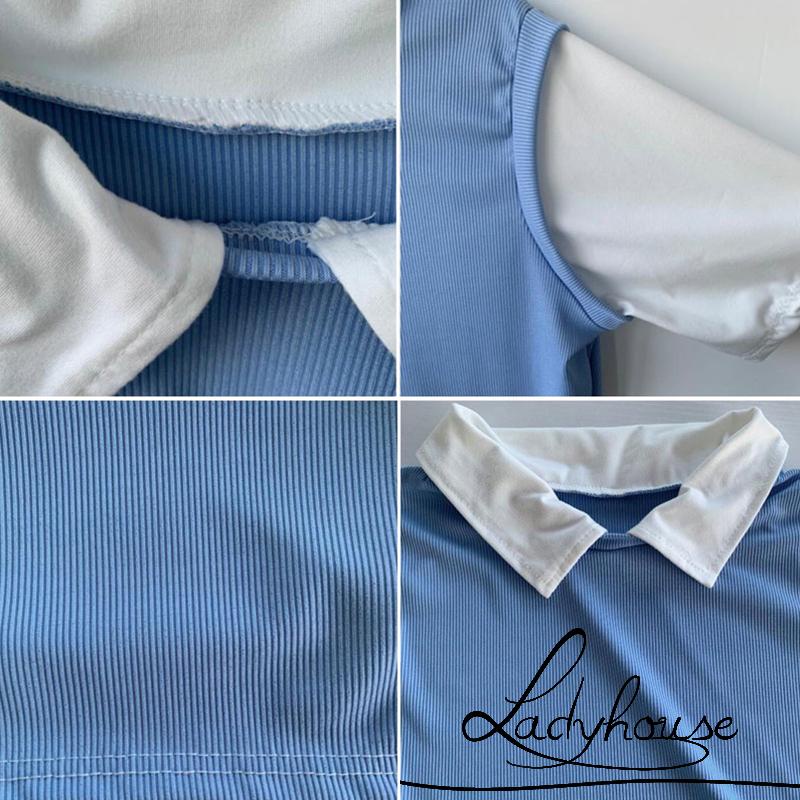 Áo Thun Ngắn Tay Cổ Bẻ Màu Sắc Tương Phản Thời Trang Mùa Hè Cho Nữ