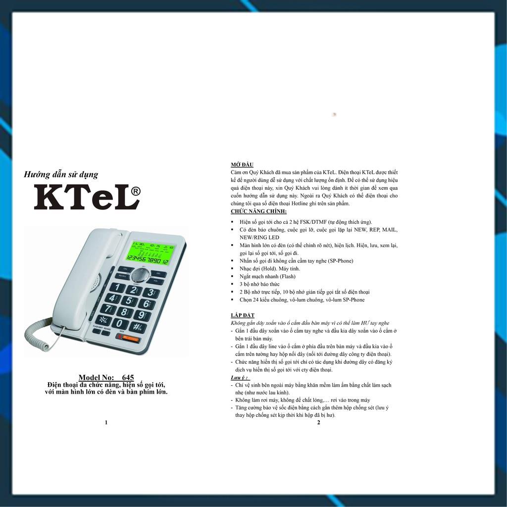 Điện thoại văn phòng, điện thoại khách sạn, gia đình, loại có dây để bàn, có màn hình hiện số gọi tới. KTeL645