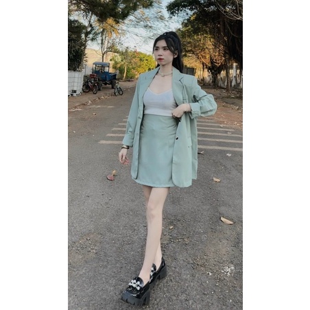 SET 3 MÓN: KHOÁC SƠ MI XANH + CROP 2S XANH + SHORT TRẮNG