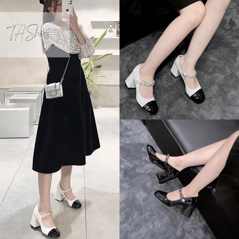 GIÀY CAO GÓT MŨI VUÔNG ĐẾ 6CM QUAI XÍCH ĐÍNH NGỌC SIÊU SANG FULLBOX ,EM NÀY ĐI LÊN CHÂN SIÊU SANG CHẢNH