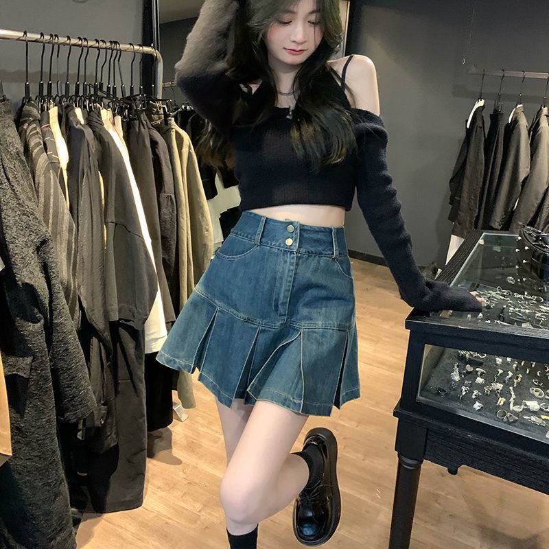 IMAODOU Chân váy denim  chữ A xếp ly lưng cao thời trang mùa hè cho nữ