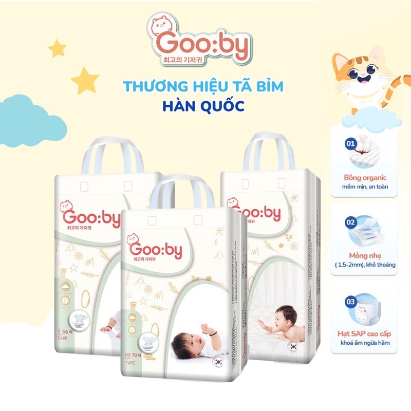 Tã/bỉm dán Gooby mềm mại, an toàn, siêu thấm hút Size NB/S/M cho bé từ 4kg - 14Kg
