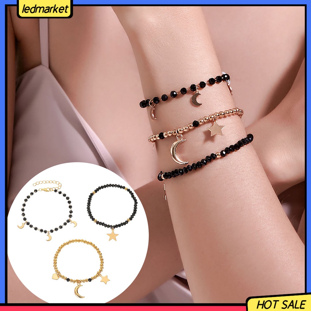 Set 3 Vòng Tay Hạt Nhựa Resin Màu Đen Đính Mặt Trăng Và Ngôi Sao Cho Nữ