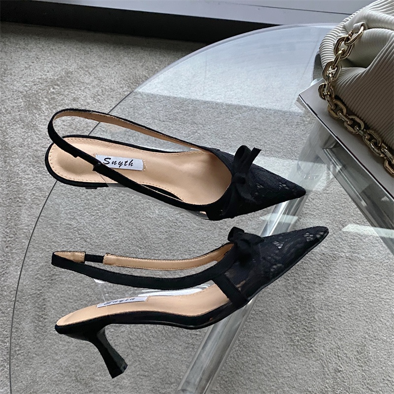 Giày Cao Gót Mũi Nhọn Phối Ren Đính Nơ Thời Trang 2023 Cho Nữ