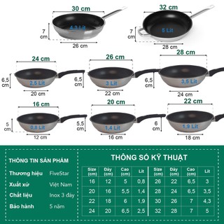 Chảo chống dính 3 đáy bếp từ inox 430 Fivestar Standard size16cm/20cm/22cm/24cm/26cm/28cm/30cm/32cm