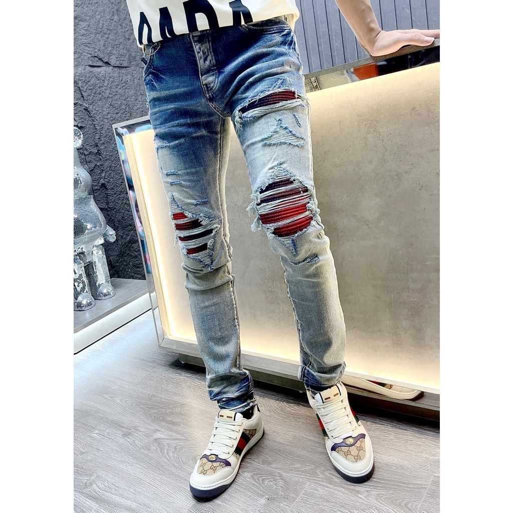 Quần Bò Nam 4 Khuy Like_Auth Xanh Khói Gối Vá Đỏ Quần Jean Nam Amiri Xanh Nhạt Mài Bạc Rách Xước Mẫu Hot | BigBuy360 - bigbuy360.vn