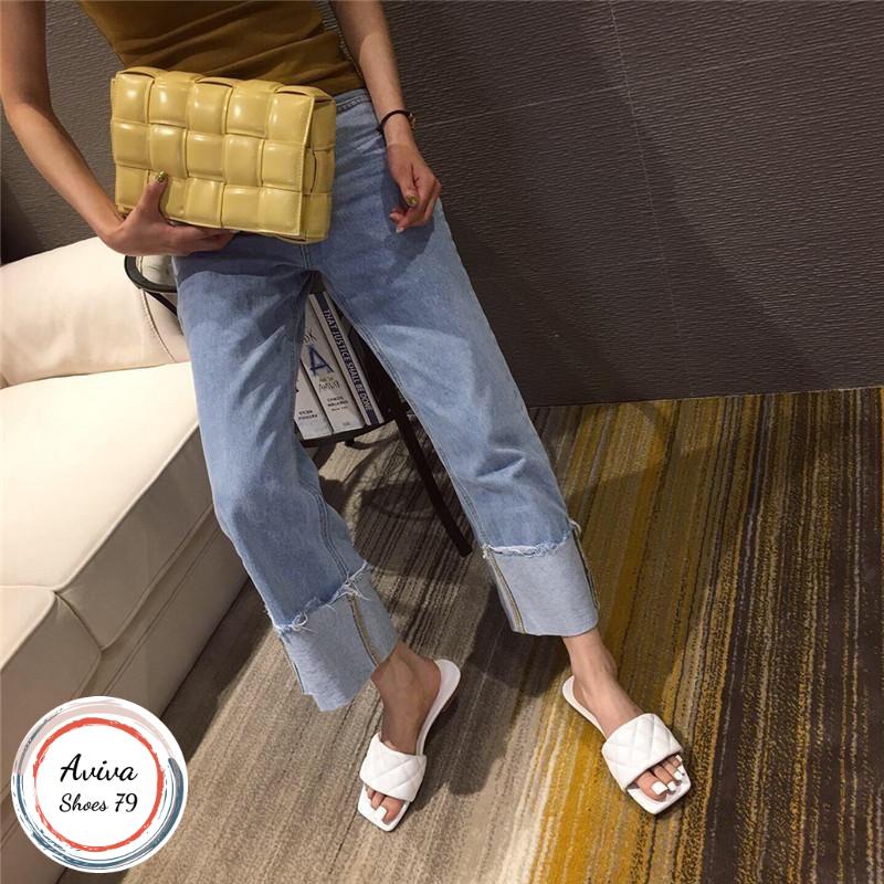 Dép bản caro quai ngang đế bệt chất xịn da mờ xinh xắn