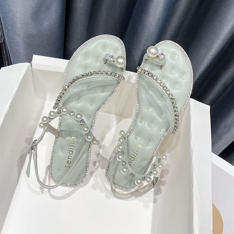 Dép Sandal Hở Ngón Đế Bằng Đính Đá & Ngọc Trai Thời Trang Mùa Hè Phong Cách Hàn Quốc Cho Nữ