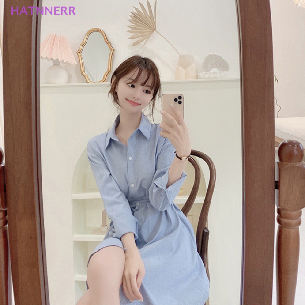 Đầm Sơ Mi Cotton Lanh Dáng Dài Thắt Dây Kẻ Sọc Thanh Lịch Thời Trang Xuân Hè Hàn Quốc FHS