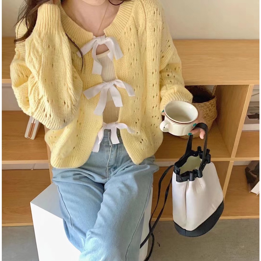Áo Khoác Cardigan Dệt Kim Ngắn Dáng Rộng Thắt Nơ Kiểu Nhật Bản Thời Trang Mùa Xuân 2023 Mới Cho Nữ