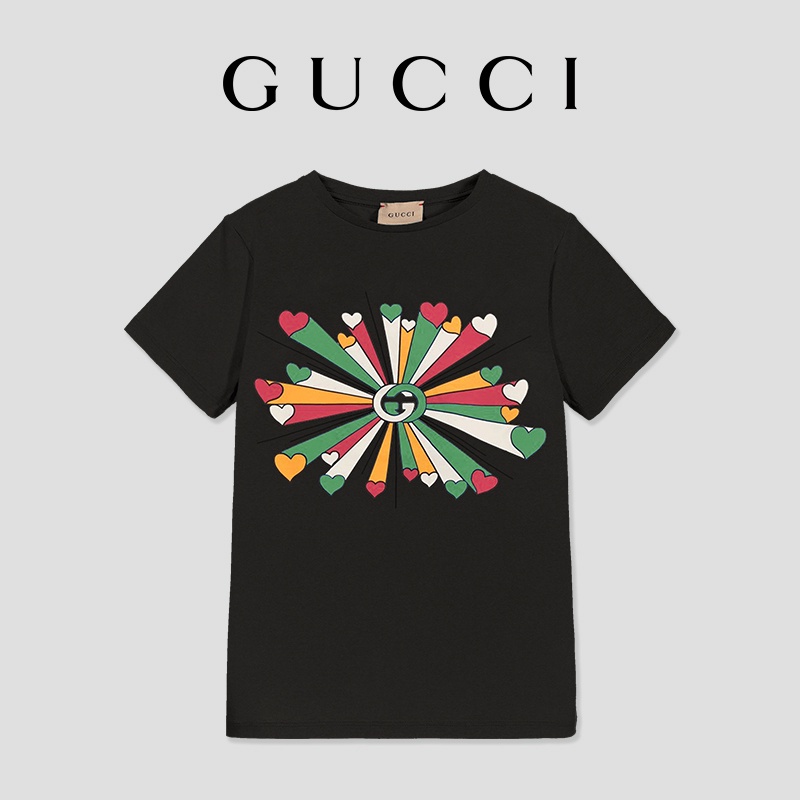 Áo Thun GUCCI Ngắn Tay Cổ Tròn Dáng Rộng Chất Liệu Cotton In Hình Trái Tim Thời Trang