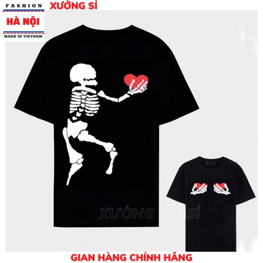 áo phông cộc tay nam nữ in hình bộ xương tay cầm trái tim đỏ, áo siêu hót cá tính thời trang hè trẻ