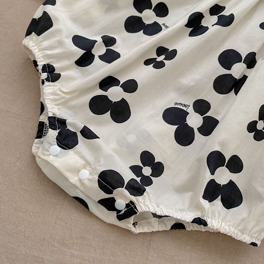 Áo Liền Quần Tay Dài Họa Tiết Hoa Kèm Băng Đô Xinh Xắn Cho Bé