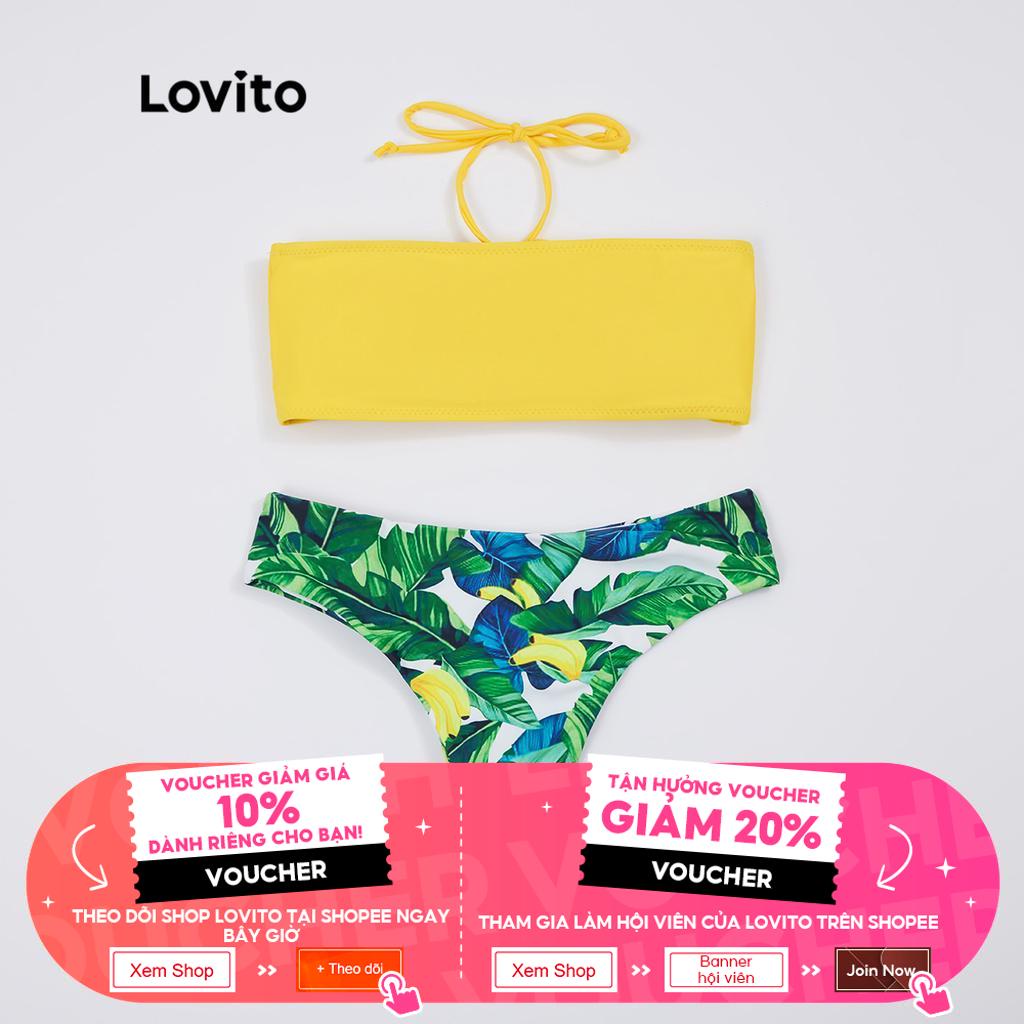 Set bikini LOVITO dây rút dạng cột hở lưng viền xếp ly họa tiết kiểu nhiệt đới phong cách boho L18X378 (Màu vàng)