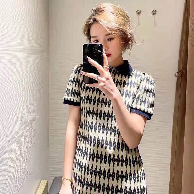 Đầm Chữ a Tay Ngắn Cổ Polo Họa Tiết Kim Cương Thời Trang Mùa Hè