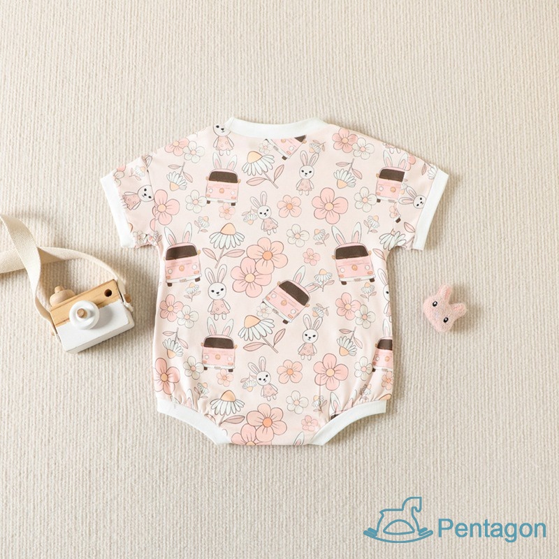 Áo Liền Quần Tay Ngắn Cổ Tròn Bằng Cotton In Họa Tiết Xinh Xắn Thời Trang Mùa Hè Cho Bé Gái 0-24 Tháng Tuổi