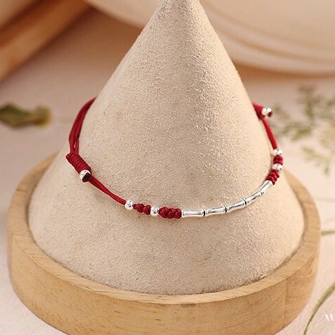 Vòng Đeo Tay Bạc S925 Dây Bện Bằng Tre Màu Đỏ Dành Cho Nữ