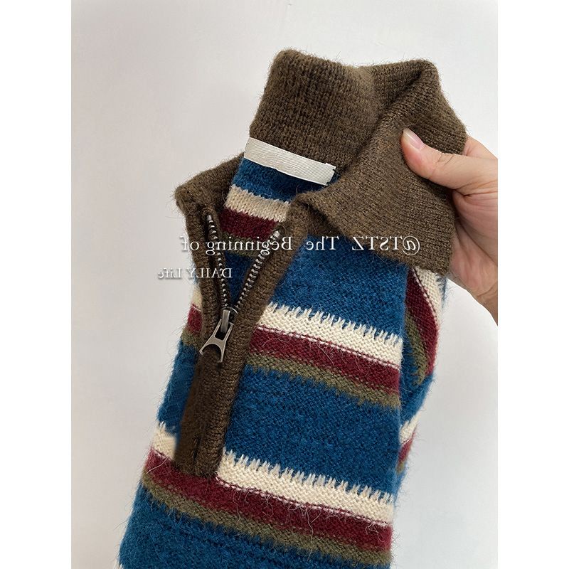 Áo Len Chui Đầu Ngắn Mỏng Có Dây Kéo Cổ Polo Màu Sắc Tương Phản Phong Cách Mới Cho Nữ