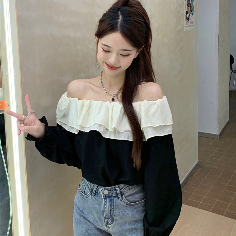 IELGY Áo Kiểu Trễ Vai Phối Bèo Phong Cách Pháp Thời Trang Cho Nữ
