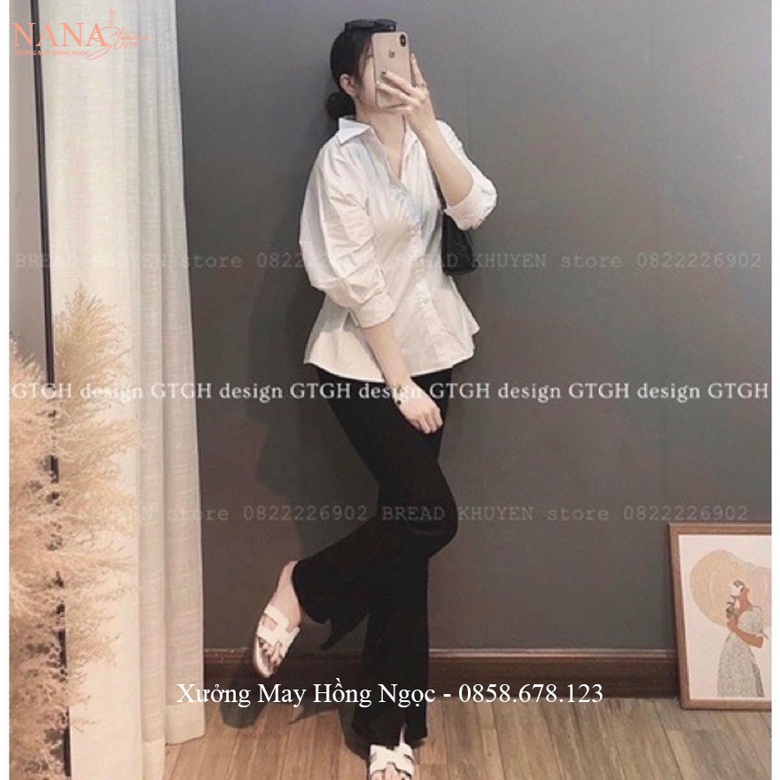 Áo sơ mi nữ tay lỡ bồng chiết eo xếp ly tôn dáng - Áo sơ mi nữ tay phồng tiểu thư bo chiết eo cổ V bẻ đi học làm công sở