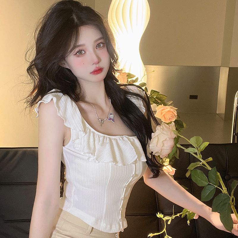 Áo Sơ Mi Ngắn Cổ Vuông Viền Bèo Nhún Ngọt Ngào Thời Trang Mùa Hè Cho Nữ